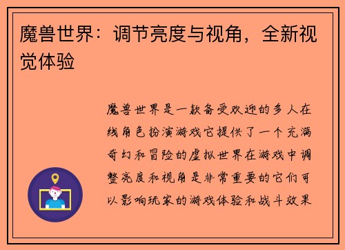 魔兽世界：调节亮度与视角，全新视觉体验